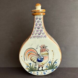 Vtg.Signed Erandi Tonala Folk Art pottery decanter with lid with rooster.